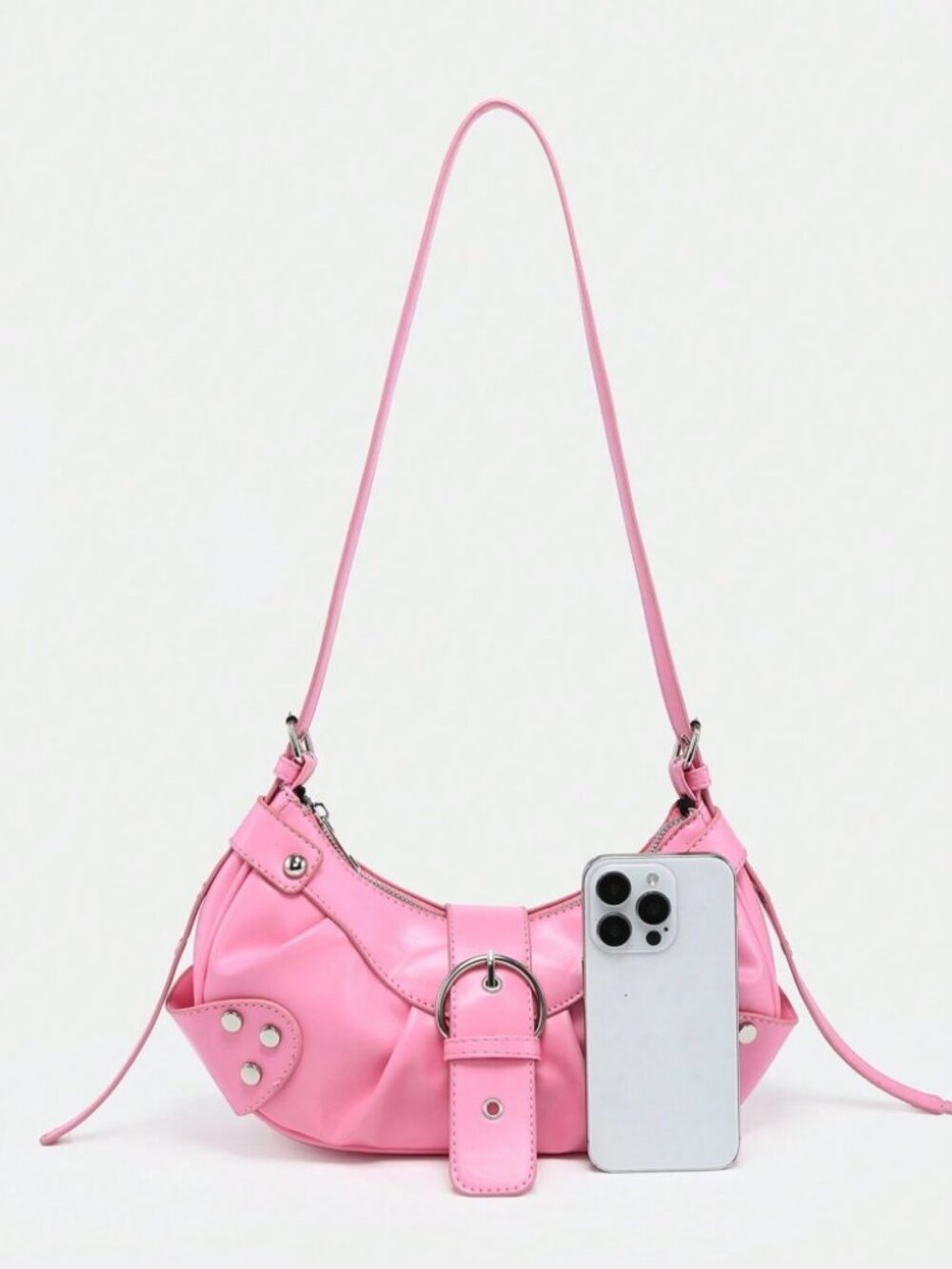Pink Studded Baguette Bag Y2K Punk Vegan Leather Zip Shoulder Purse - Picture 3 of 6